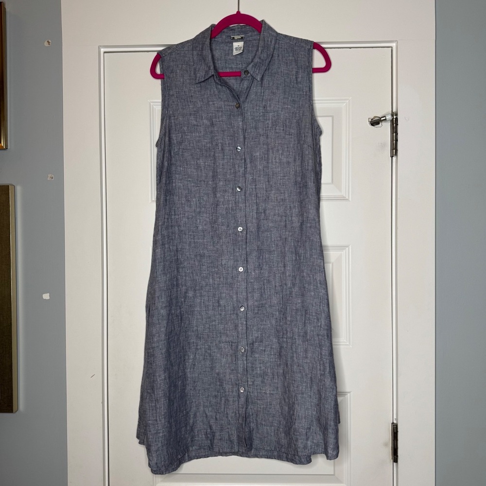 Magaschoni Blue Chambray Linen Button-Up Midi Shirt Dress Sleeveless Sz Medium - Picture 1 of 6